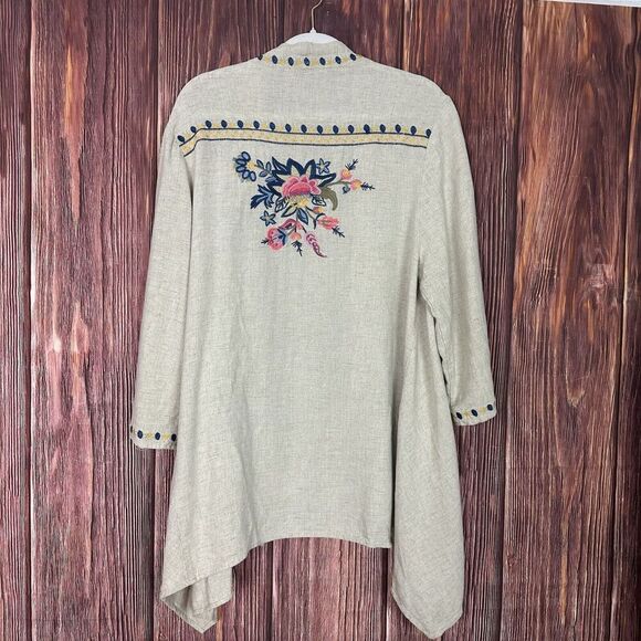 Paparazzi Womens Kimono Jacket Embroidered Open Front Beige Linen Blend Size XL - Picture 2 of 8